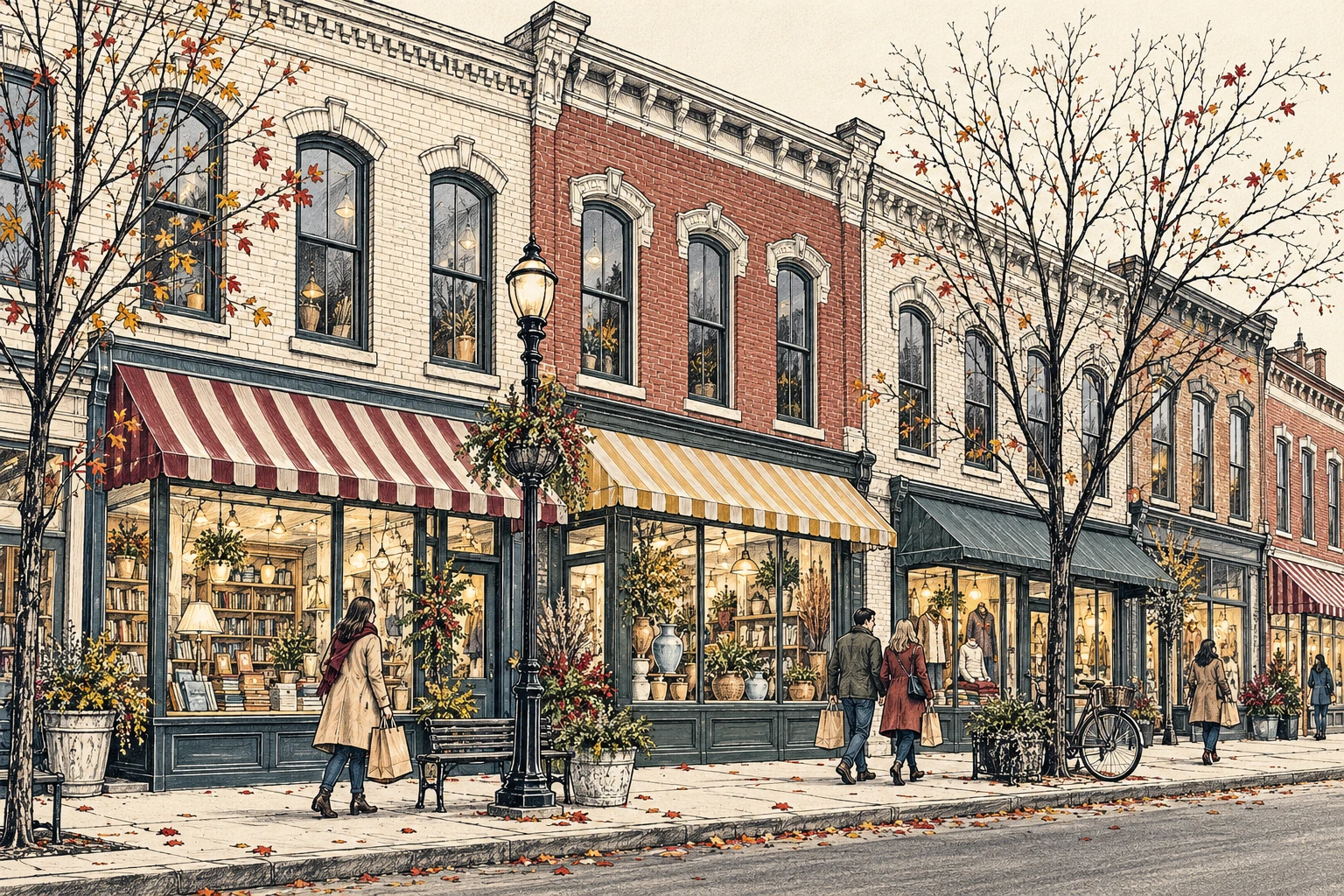 Hand-sketched local shopping illustration of an imagined streetscape, not a La Salle photograph or actual participating businesses